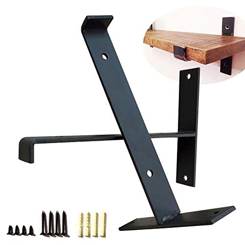 OWUV Soporte de estantes para Colgar en la Pared, Negro, un Juego de 2, Hierro Forjado Engrosado, escuadras para estanterias, Soporte en Forma de T, Accesorios completos