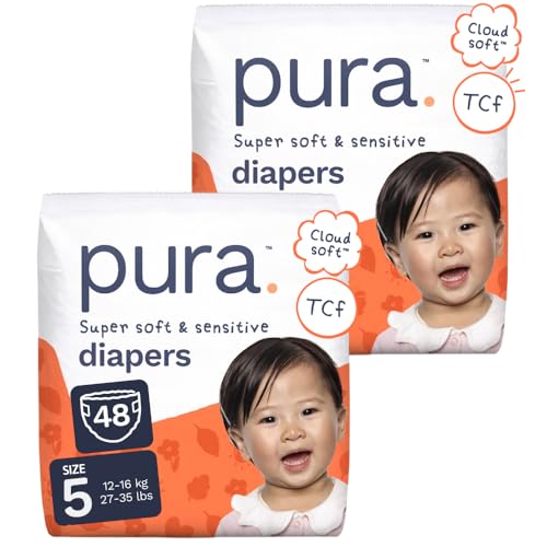 Image of Pura Baby Diapers Size 5-48 Count, 27-35lbs, 12hr Leak Protection, Cloud Soft & Gentle Diapers for Hypoallergenic & Sensitive Baby Skin, Toxin-Free*, Organic Cotton, Blowout Blocker, New Size Guide