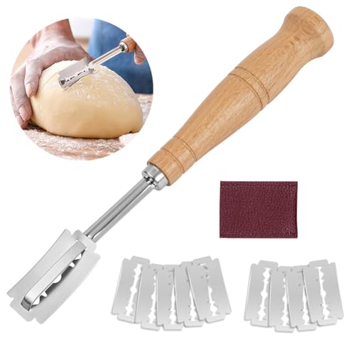 OSDUE Bäckermesser,Brot Lahm Messer mit 10 Ersatzklingen & Lederschutzhülle Teigmesser Rasiermesser Set Holz Ritzmesser Baguettemesser für DIY Brotteig Backen Gerade und Geschwungene Schnitte
