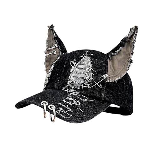 Image of CORIRESHA Cute Bunny Hat with Ears Y2k Grunge Metal Iron Ring Chain Distressed Denim Baseball Cap