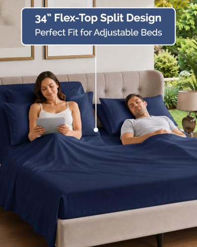Image of Flex Top Split Head King 6 Piece Sheet Set - Soft & Cooling - Navy Blue | Ultra Soft Hotel Luxury Bedding Set w / 8-16 Inch Deep Pockets, 1 Flat & 1 Split-Head Fitted Sheet & 4 Pillowcases, Fade Free