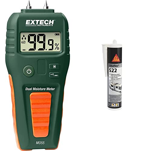 Extech MO55 Combination Pin/Pinless Moisture Meter, Green & Sikaflex 522 Caravan and Motor Home Adhesive Sealant Cartridge, White, 300 ml (new version)
