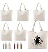 6 Pack Reusable Canvas Tote Bags with 12 Coloured Pen, Linen Tote Bags Bulk Cotton Heavy Duty Han...