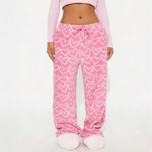 Image of Valentine's Day Flannel Pants Women's Romantic Heart Print Elastic Drawstring Waistband Wide Leg Loose Fit Trousers
