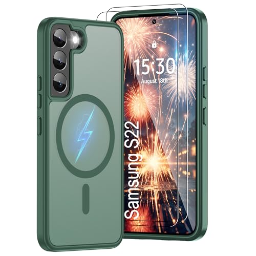 Pilaru Magnetic for Samsung S22 Case [Compatible with MagSafe] | 2X Screen Protector | Anti-Yellowing & Fingerprint, Shockproof, Skin-friendly Slim Fit Translucent for Galaxy S22 - Dark Green
