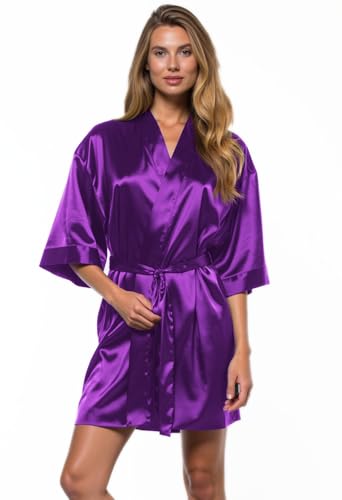Image of Turquaz Women's Silky Satin Kimono Robes for Bridesmaids, Bride, Short Loungewear, Lingerie Dressing Gown Silk Like VS Robe