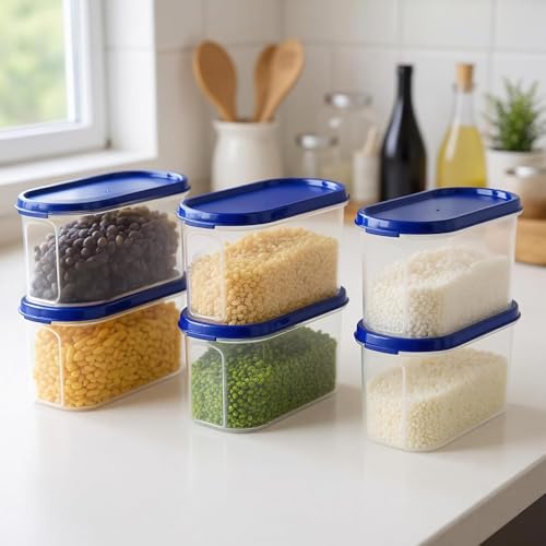 Image of The wowlife Modular Plastic Storage Container With Airtight Lid | BPA-Free Plastic | Microwave Safe | Dishwasher Safe | Kitchen Containers and Storage boxes | Set 4 | 1000 ml | Blue