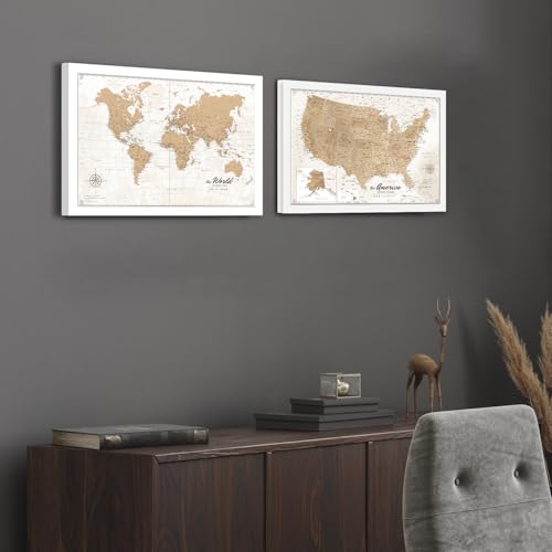Image of IPIC - Vintage World Map & USA Map Canvas Wall Art Set of 2, Travel Wall Decor with Pins Included, Ready to Hang for Office or Living Room, 24x16 Inch