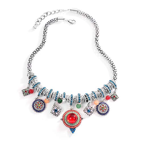 SUNLAND Bohemian Multicolor Round Pendants Enamel Rhinestone Ethnic Necklace for