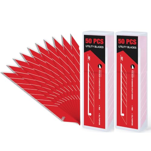 Image of 9mm Utility Knife Replacement Blades,30 Degree Snap Off Carbon Steel Knife Blades for Retractable Cutting Knives, Hobby, Craft, Box Cutter 100PCS (Red)