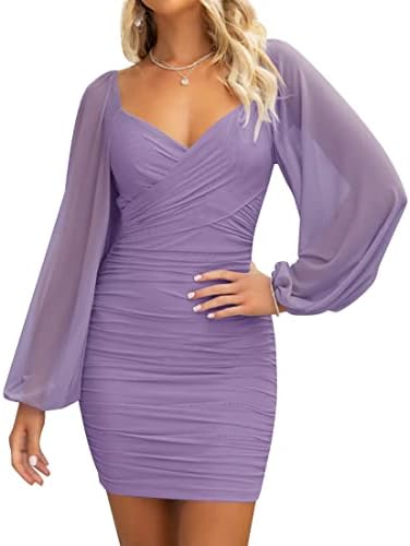 ZESICA Women's Sexy V Neck Ruched Bodycon Mini Dress Puff Long Sleeve Cocktail Wedding Party Short Dresses,Purple,Medium
