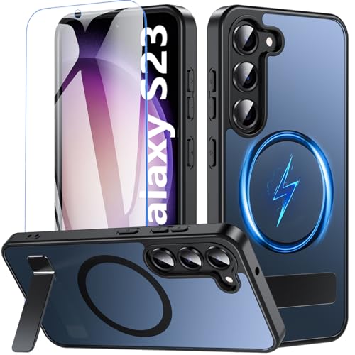 Translucent matte black OWKEY case for Galaxy S23 with camera ring kickstand — the zinc alloy hardware rated for 3,500 rotations
