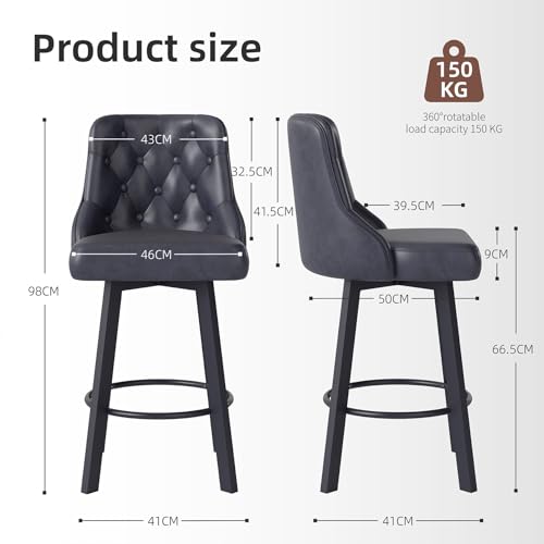 Youhauchair Bar Stools Set of 2, Waterproof PU Leather Bar Stool, 360° Rotating Breakfast Bar Stools with Footrest, Seat Height 66.5 cm, Load Capacity 150 kg, Black - Image 4