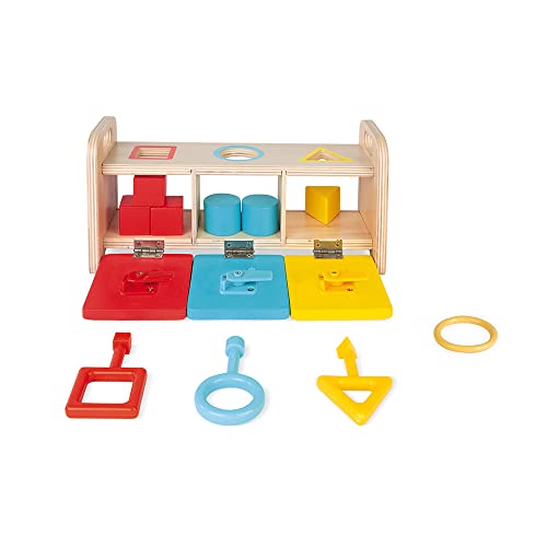 Janod Shape Sorter Box with Keys â€“ Wooden Sorting Toy with Geometric Shapes â€“ Educational Toy for Dexterity and Fine Motor Skills â€“ Teaches Counting, Shapes and Colors â€“ Ages 12+ Months