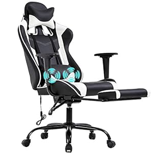 PC Gaming Chair Office Chair Ergonomic Massage PU Leather Recliner Computer Chair with Lumbar Support Rolling Swivel Task Chair for Adults, White