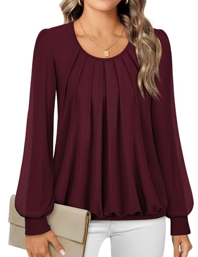 Timeson Women's Long Sleeve Scoop Neck Pleated Front Fitted Blouse Tops