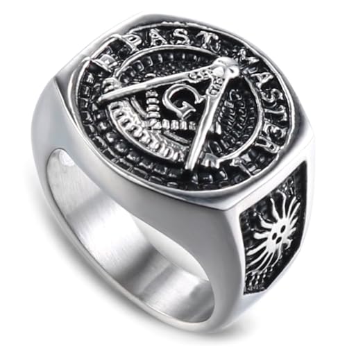 Anillo masónico de acero de titanio para hombre, diseño de rayos solares, chapado al vacío en oro macizo/plata, banda de 20 mm de ancho, ajuste cómodo para los entusiastas de la masonería, Metal