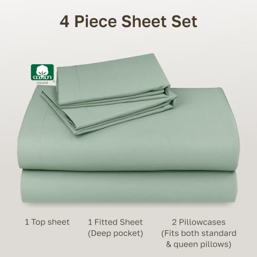Image of California Design Den Deep Pocket Queen Sheets Set - Natural 100% Cotton Bed Sheets, Soft Sateen Weave, All Around Elastic, Breathable and Durable Bedding - Frosty Green