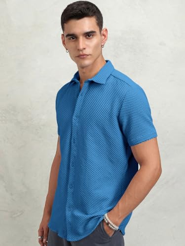 Image of Zombom Men's Poly Cotton Textured Short Sleeve Shirt | Slim Fit Casual Wear | Premium Stretch Fabric | Button Down Collar | Stylish Party Shirt for Men