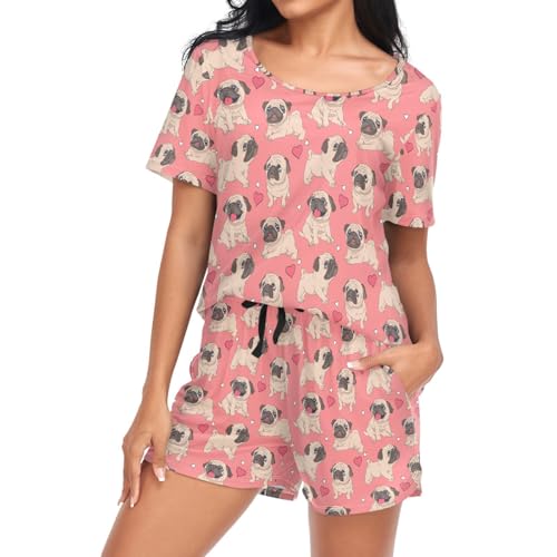 Laprad Pug Heart Pajama Set Womens Short Sleeve Sleepwear Pjs Sets 2 Piece Loungewear with Pockets M