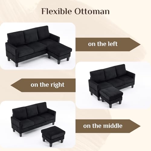 Karl home Small Sectional Couch L Shaped Sofa with Movable Storage Ottoman Corduroy Upholostered Sofa Chaise with Side Pockets for Living Room, Apartment, Studio, Black - Image 7