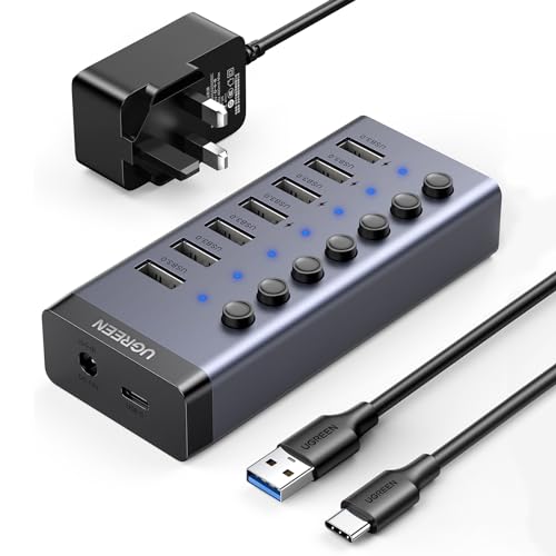 UGREEN Powered USB Hub 3.0 7-Ports Charging Extender Data Hub (12V/2A Not Fast Charge) Splitter Extension Power USB A Adapter with Individual On/Off Switches for Laptop PC HDD Flash Drive