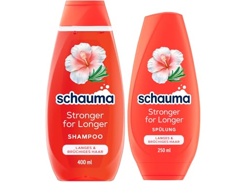SCHAUMA Stärkungs-Shampoo Stronger for Longer (400 ml) Haarshampoo stärkt langes & brüchiges Haar & Spülung (250 ml) Haarspülung Pflegespülung mit Hibiskus & Rosmarin
