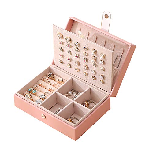 PuzCub Pink Jewelry Storage Organizer Necklace Earring Ring Jewelry Box for Women Girls Double Layer Travel Jewelry Organizer Jewelry Holder Case