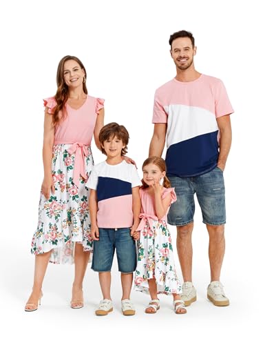 Image of PATPAT Family Matching Outfits Mommy and Me Outfits Floral Dress & Tee Sets | Couples Matching Outfits, Women Girl Flutter Sleeve Dress, Men Boy Cotton Blend T-shirts, Beach Vacation, Family Photoshoot