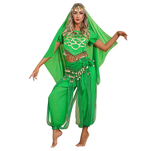 winying 4Pcs Robe Danse du Ventre Indienne Femmes Ensemble Danse Latin Samba Salsa Top Paillette Costume Carnaval Fete Déguisements Princesse Inde Dancewear Vert Taille Unique