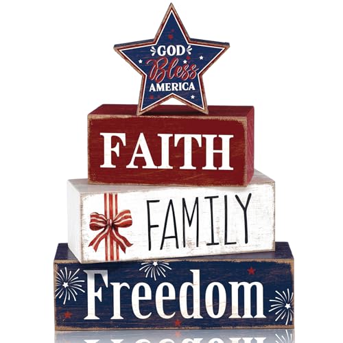Moucuny 4 Pcs Patriotic Table Decorations Independence Day Wooden Decorative Signage Fourth of July Tiered Tray Decor Star Centerpieces Farmhouse Wooden Block Set 250th Anniversary for Home Office