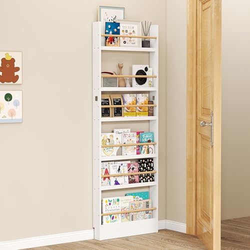 petour 6 Tier Behind The Door Bookshelf, Space Saving Behind The Door Bookcase Wooden Kids Book Shelf for Bedroom Living Room Study White