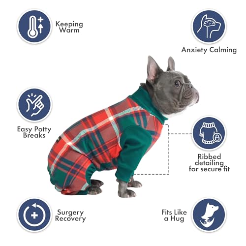 Image of Spark Paws Dog Christmas Pajama, Dog Recovery Suit Male, Onesie, Ultra-Soft and 4-Way Stretch, for Small Medium and Large Breeds - Green and Red Plaid - 4XL