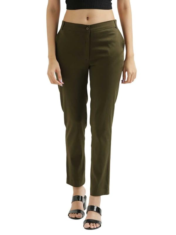 Image of SAADAA Women Pants Formal Straight Fit Cotton Satin Lycra Pant, Regular Fit Trouser for Office Work & Casual wear- Mid Rise, Elasticated Waistband, 4 Deep Pockets