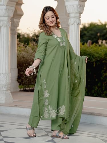 Image of Arayna Women's Pure Cotton Embroidered Kurta Pant Dupatta Set | Straight Kurta with Floral Embroidery | Ethnic Suit Set for Women