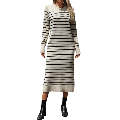 Women's Striped Knit Dress Fitted Round Neck Long Sleeve Midi Dress for  Daily Office Party Club (Creamy White, S) at Amazon Women's Clothing store