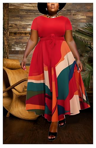 Image of Hostoyo Women Plus Size Formal A Line Maxi Dress Self Tie Waist with Pockets Elegant Round Neck Swing Long Dresses