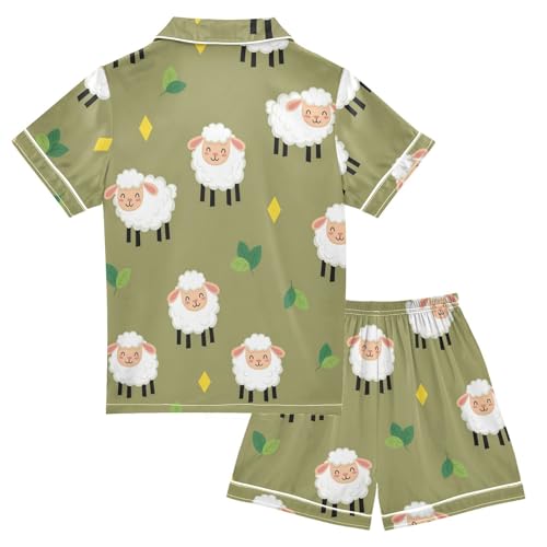 Satin Pajama Sets Short Sleeve Sheep Pattern with Leaves Button Down Silky Nightwear 2 Piece PJS 5-14Y2