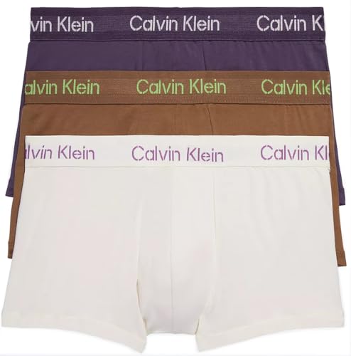 Calvin Klein Mens 3 Pack Stencil Logo Cotton Stretch Low Rise Trunk (US, Alpha, Medium, Regular, Regular, White/Nightshade/Coffee)