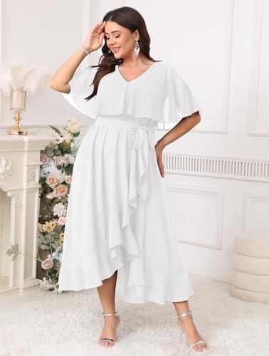 Image of Women Plus Size Long Formal Dress Short Sleeve Chiffon Ruffle V Neck High Low Split Wedding Guest Maxi Dresses