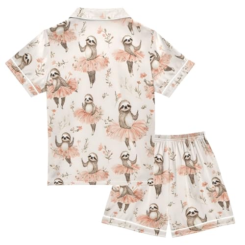 ALAZA Dancing Sloth Flower Blossom Satin Pajamas Set Short Sleeve Button Down Sleepwear Summer Pjs 2 Piece2
