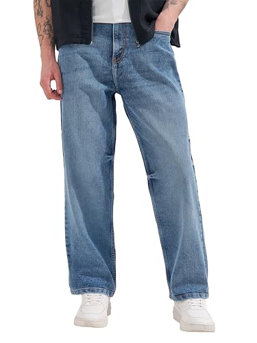 Image of Highlander Men Men's Premium Loose Straight Fit Mid-Rise Cotton Lycra Jeans - Button Closure, Machine Washable, Comfortable All-Day Wear for Casual & Semi-Formal Occasions