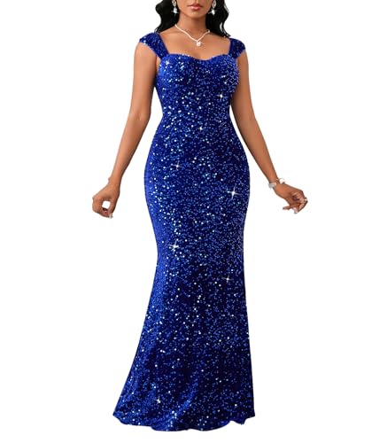 dasmzper Women’s Sequin Evening Gown – Elegant Sleeveless V Neck Mermaid Formal Maxi Dress for Wedding, Prom or Party Blue