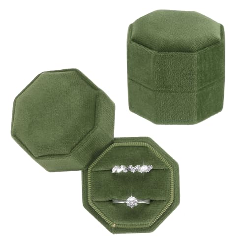 PATIKIL 2 Slots Vintage Velvet Ring Boxes, 2 Pack Octagonal Elegant His and Her Wedding Ring Jewelry Organizer Holders for Engagement Proposal Ceremony Anniversary, Dark Olive Green