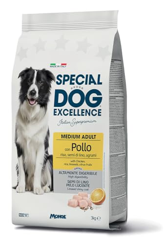 MONGE Cane Special Dog Excellence Medium Adult gusto Pollo | alimento secco completo per cani adulti di taglia media, altamente digeribile, monoproteico, Made in Italy, 1 confezione da 3kg.