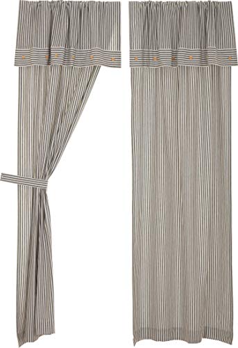 Farmhouse Ticking Stripe Gray Panel Curtains, Set Of 2, 84" Long, Farmhouse Style Panels W/Attached Valance & Button Accents #TOP2