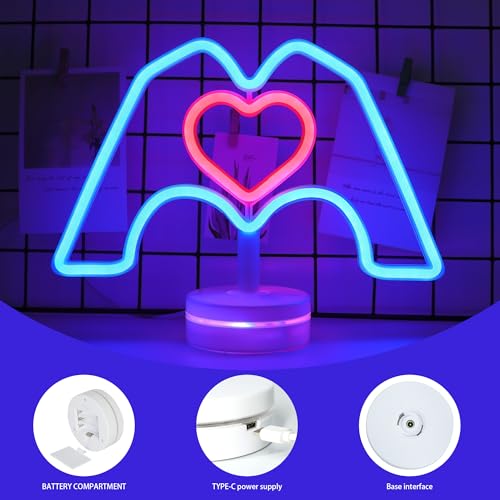Image of ENUOLI Heart Hands Neon Sign Pink Heart & Blue Hand Neon Light Room Decor | LED Home Art Decor for Lover Valentine's Gift Girls Room Bedroom Wedding Room Bar Party Birthday Christmas Best Gift