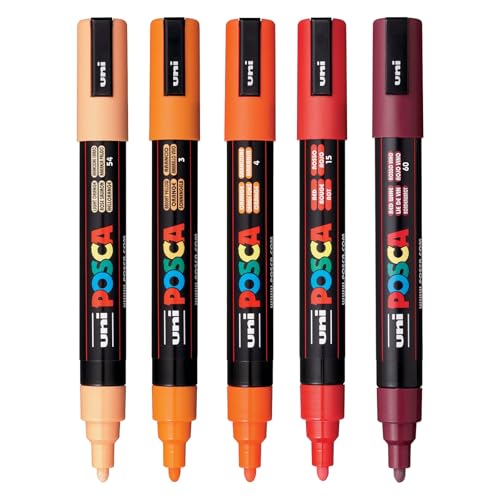 posca Lot de 5 marqueurs de peinture à base d'eau de 5 m avec pointes réversibles, collection orange/rouge