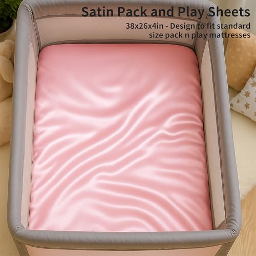 Image of Pro Goleem Satin Pack and Play Playard Sheet, Fitted 2 Pack Great for Baby Hair Silky Feeling 27x39 Inch Playard Mattress Cover Portable Mini Crib Sheet for Girls(Pink & Purple)