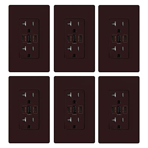 Image of ELEGRP USB Outlets, 30W 6.0 Amp USB C Outlets Receptacles, 3-Port USB Wall Outlet, 20 Amp Tamper-Resistant Outlet with 2 USB C Ports, UL Listed, Screwless Wall Plate Included, 6 Pack, Matte Brown